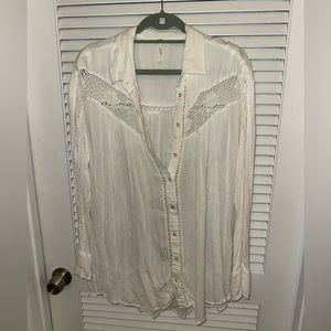 Free people white button up blouse with crochet detail